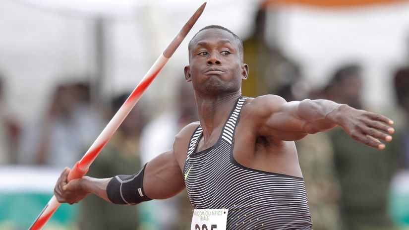 Alexander Kiprotich competes in the Javelin throw men finals during day two of the National Trials for 2016 Rio Olympics Games held at Kipchoge Keino stadium in Eldoret, Kenya on June 31, 2016. 