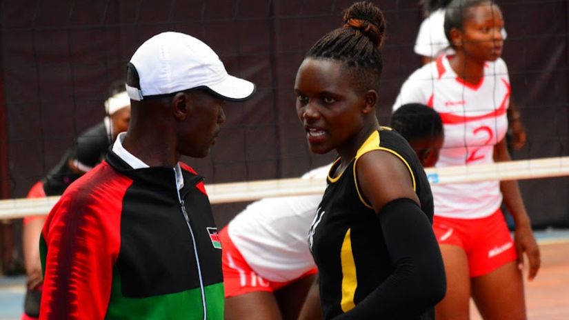 Josp Barasa gives instructions to Pamela Masaisai during a past league match against Kenya Pipeline 