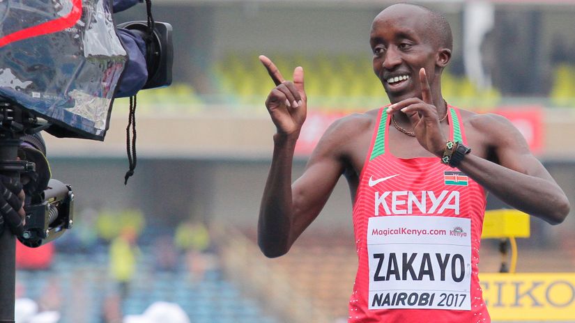 dward Zakayo from Kenya celebrate winning 3000m boys race during their WU18 championship at Kasarani stadium,Nairobi in July 13,2017