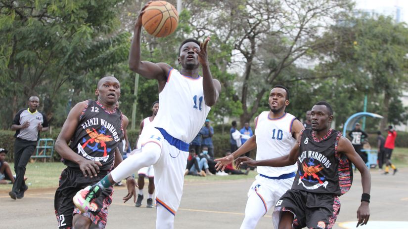 Kenyatta University Pirates' Dolf Benedict jump-scores against Ulinzi Warriors during a past league match.