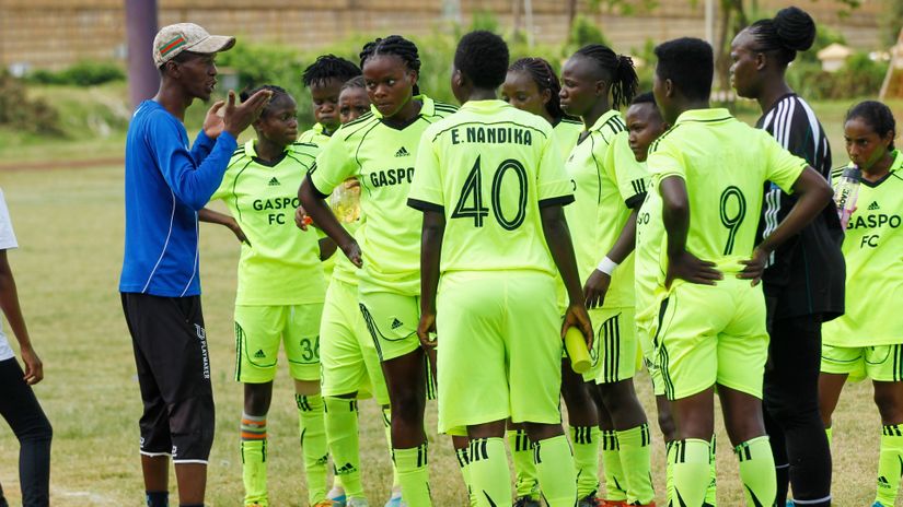 Gaspo FC head coach Ayub Inziani instructs his charges during their WPL match at Stima Club in Nairobi on March 22, 2021.