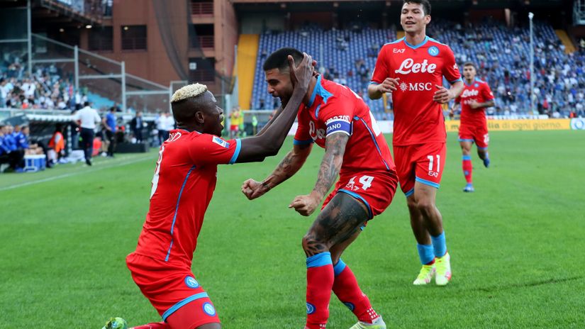 Victor Osimhen of Napoli celebrates with teammates Lorenzo Insigne and Hirving Lozano (©MB Media/Getty Images)