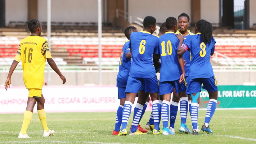 Vihiga Queens celebrate a goal against New Generation of Zanzibar 