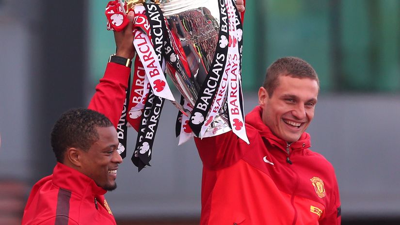 Evra & Vidic celebrating their 2013 Premier League title (©Gallo Images)