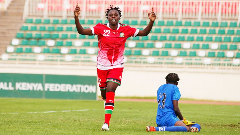 Harambee Starlets Nedy Atieno celebrate a goal against Bright Starlets 