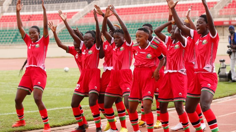 Harambee Starlets celebrate a goal in their first leg 8-0 win over South Sudan 