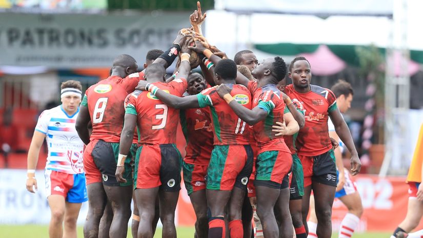 Shujaa players hurdle before their Tusker Safari Sevens 2019 tournament match against Samurai at RFUEA Grounds on October 20, 2019.