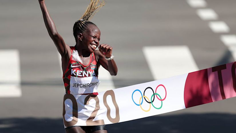 Peres Jepchirchir celebrates winning Tokyo Olympics gold © Courtesy