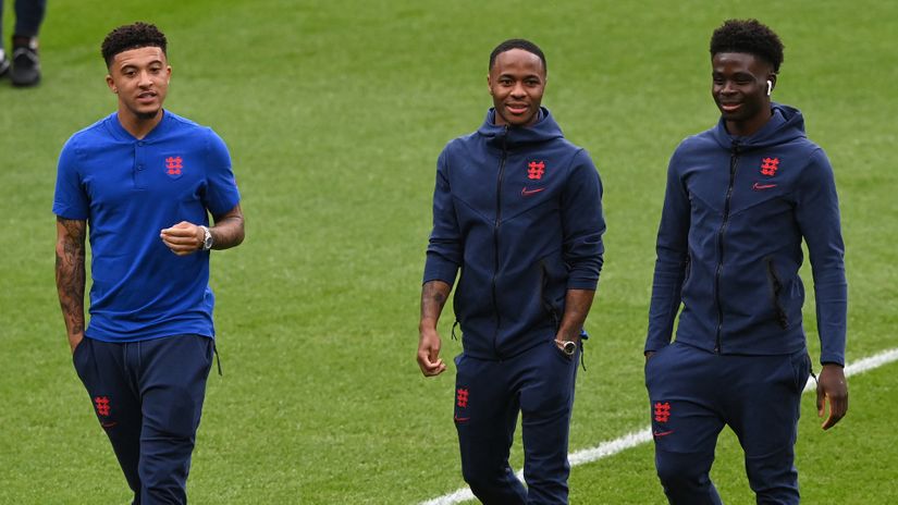 Jadon Sanco, Raheem Sterling and Bukayo Saka on England duty (©AFP)