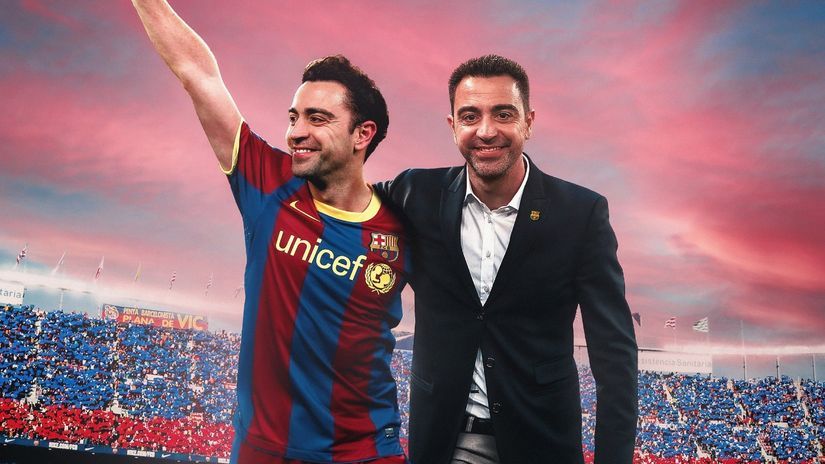 Xavi the player and Xavi the manager (©twitter.com/FCBarcelona)