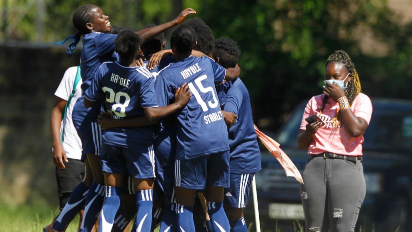 Kayole Starlets players celebrate a goal during a past match