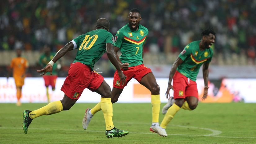 Toko Ekambi celebrating his winning goal against Ivory Coast (©Gallo Images)