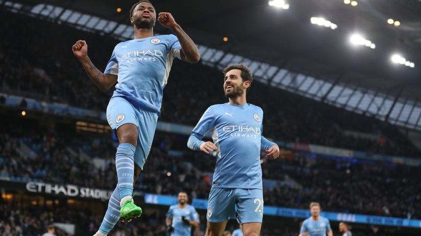 Sterling celebrates with Bernardo Silva after scoring (©James Williamson - AMA/Getty Images)