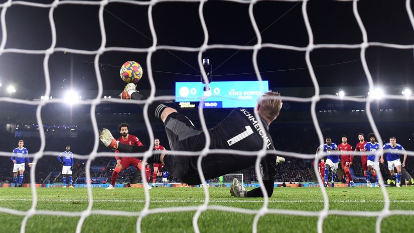 Schmeichel saves Salah's penalty attempt (©Gallo Images)