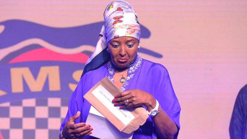 CS Amina Mohamed reacts while announcing the motorsport personality of the year 2021
