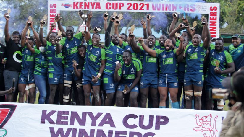 KCB celebrate their Kenya Cup title after beating Kabras Sugar in the 2021 final © Mozzart Sport