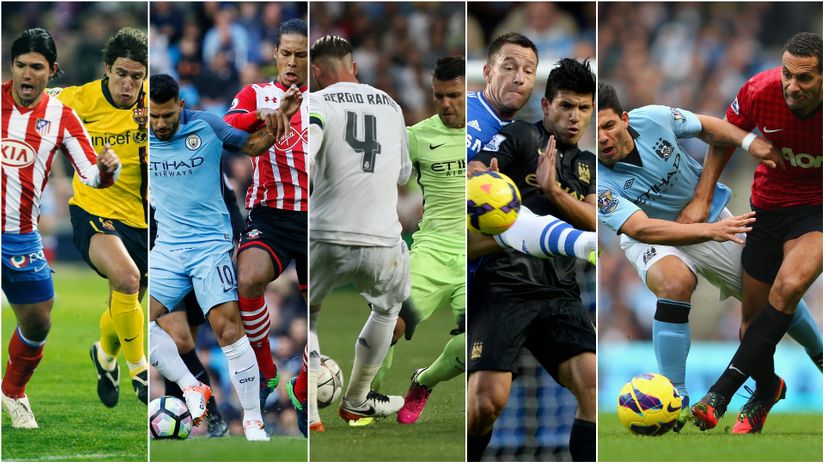 Aguero against the defenders he respects the most... Puyol, Van Dijk, Ramos, Terry and Ferdiand (©AFP/Gallo images)