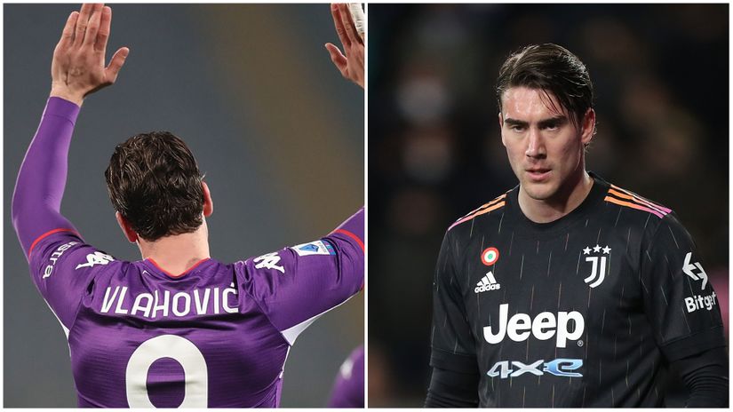 Vlahovic in Fiorentina and Juve shirts (©Gallo images)