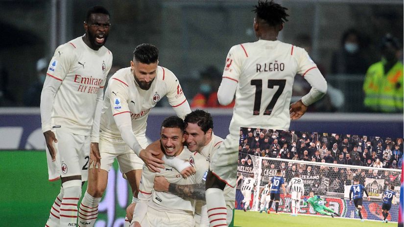 Milan players celebrate, Calhanoglu scores the winner from the spot against Juventus (©Getty images Sport)