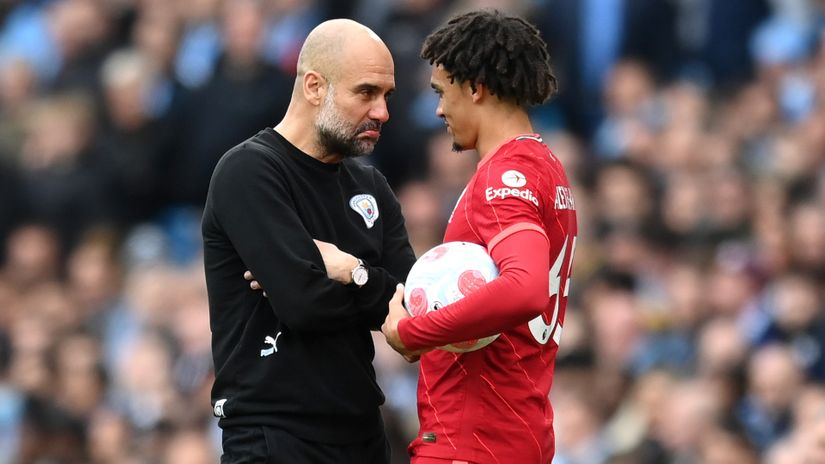 Guardiola makes practical jokes with TAA during the derby (©Michael Regan/Getty Images)