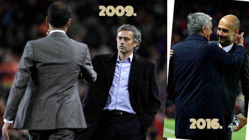 Pep and Mou in 2009 and seven years later... the difference is obvious, both ways though (©AFP/Getty images sport)