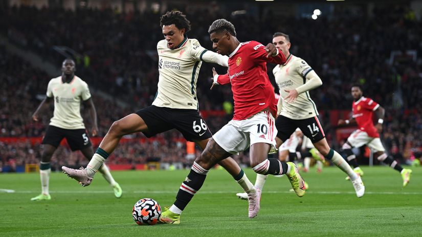 Rashford and TAA in the previous Liverpool vs Man Utd tie (©Shaun Botterill/Getty Images)