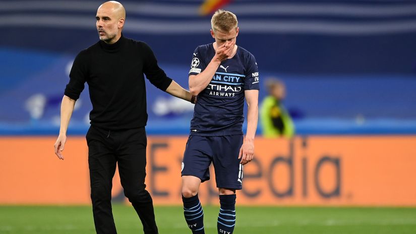 Pep consolates Zinchenko after the loss (©Michael Regan/Getty Images)