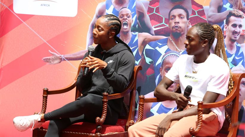 Shelly-Ann and Christine Mboma at the Kip Keino Classic press briefing @MozzartSport