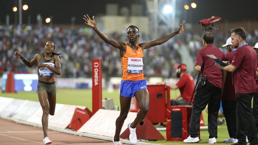 Francine Niyonsaba celebrates winning 3000m in Doha© Courtesy 