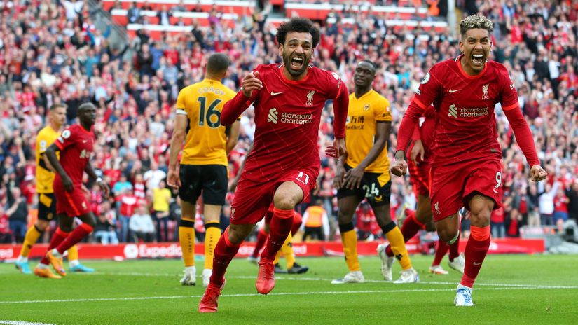 Salah celebrates after scoring against Wolverhampton (©Alex Livesey/Getty Images)