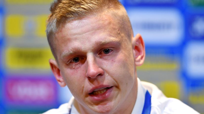 Oleksandr Zinchenko of Ukraine reacts emotionally during the press conference at Hampden Park (©Mark Runnacles/Getty Images)
