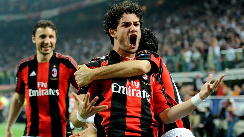 Pato celebrates after scoring for Milan in 2011 (©Claudio Villa/Getty Images)