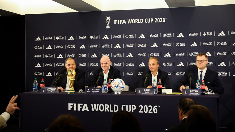 Victor Montagliani, Gianni Infantino, Colin Smith, and Bryan Swanson speak during a FIFA World Cup 2026 Announcement press conference (©Gallo Images)