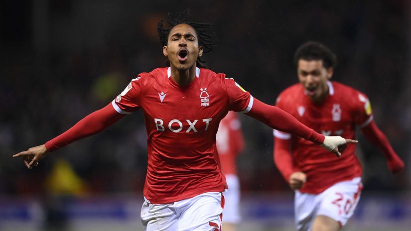 Djed Spence celebrates for Nottingham Forest (©Laurence Griffiths/Getty Images)