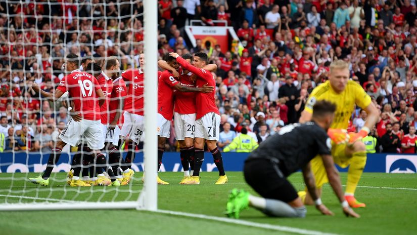 United players celebrate in front of Ramsdale and White (©Getty images sport)