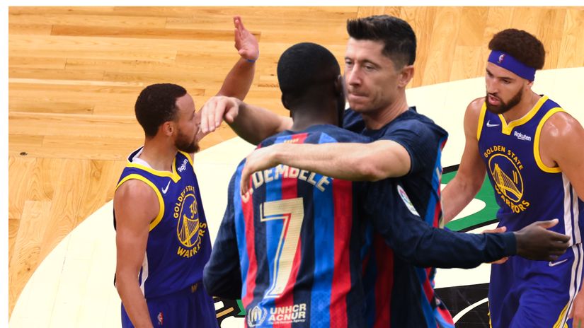 Steph Curry and Clay Thompson of the Golden State Wariors in the back, and Dembele and Lewandowski in front (©Getty images sport)