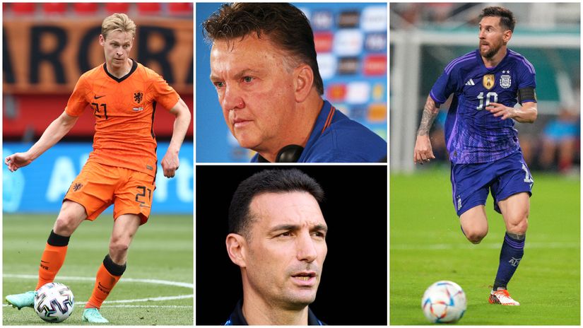 Frenkie de Jong and his coach Louis van Gaal, and Lionel Messi and his coach Lionel Scaloni (©Getty images sport)