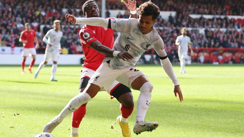 Fabio Carvalho (white shirt) in action for Liverpool against Nottingham Forest (© Catherine Ivill/Getty Images)