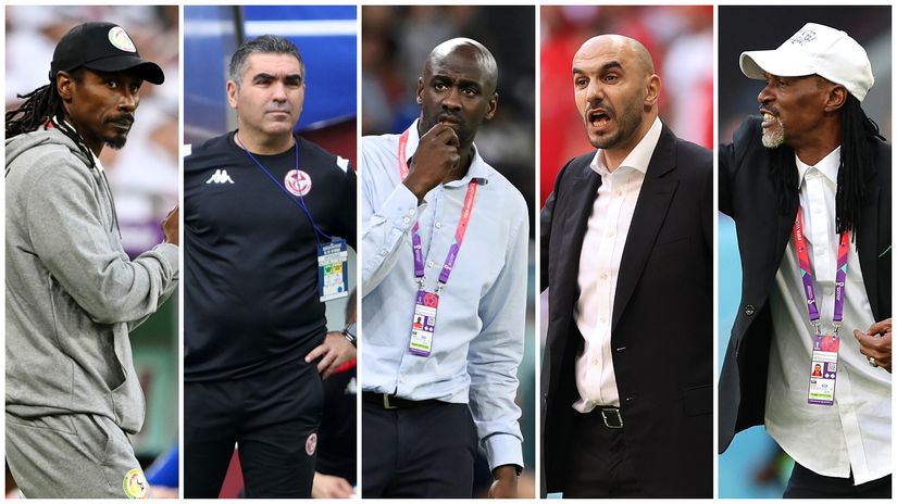 Senegal's Aliou Cisse, Tunisian Jalel Kadri, Ghanaian Otto Addo, Moroccan Walid Regragui, and Cameroonian Rigobert Song (©Getty images sport)