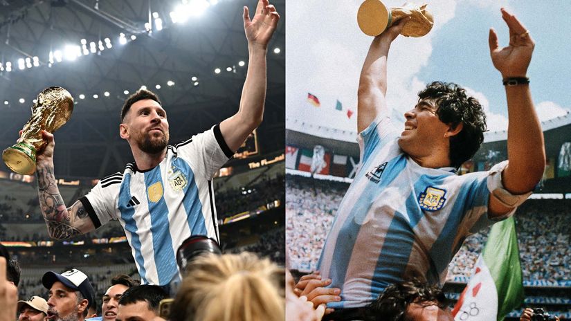 Lionel Messi (L) holding the World Cup trophy after beating France, and Argentina's captain Diego Armando Maradona (R) holding the World Cup trophy in 1986 (©Anne-Christine POUJOULAT/AFP)