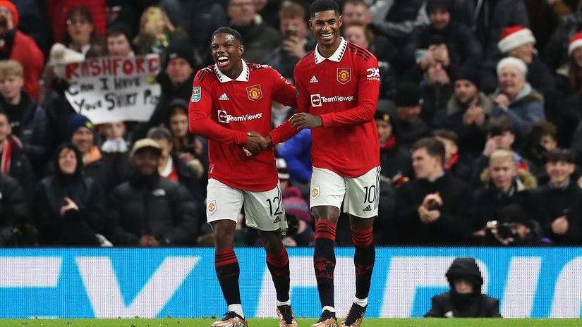 Malatia and Rashford celebrate against Burnley (©Lewis Storey/Getty Images)