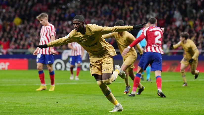 Dembele celebrates after scoring (©Angel Martinez/Getty Images)
