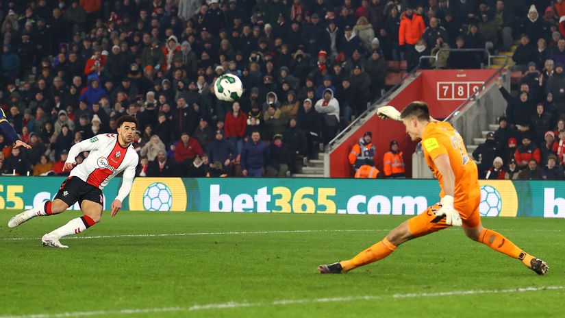 Nick Pope makes a save from Che Adams (©Getty Images)