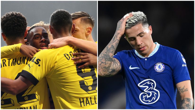 Borusia Dortmund players celebrating, while Enzo Fernandez is in despair (©Getty images sport)