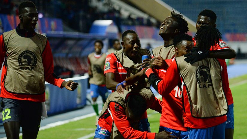 The Gambia players celebrate after scoring © CAF