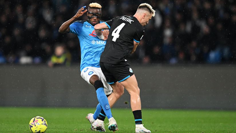 Victor Osimhen of Napoli and Patric of Lazio clash (©Francesco Pecoraro/Getty Images)