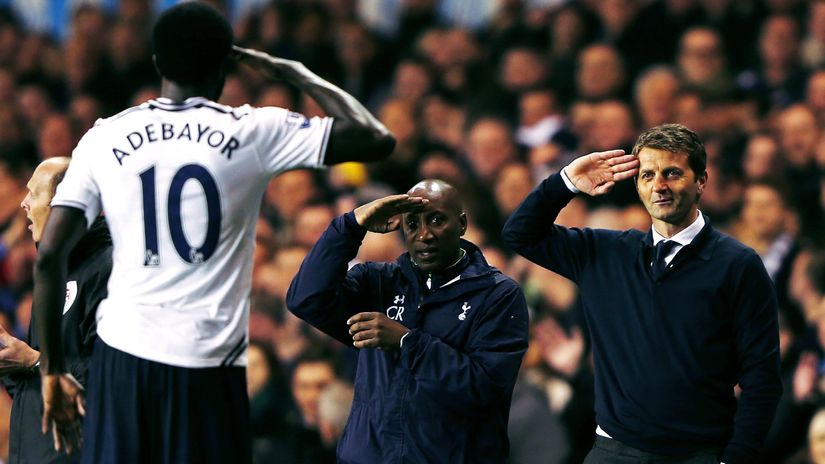 Adebayor salutes after scoring during his days with the Spurs (©)