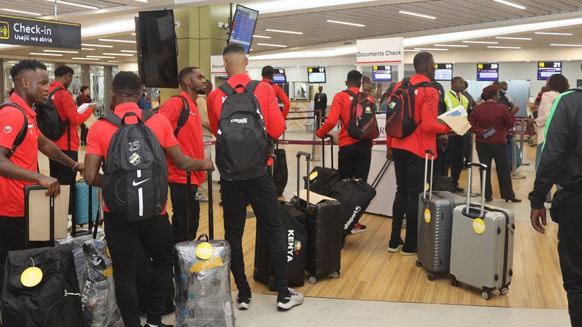 Harambee Stars players at JKIA 