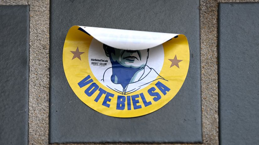 A sticker of Marcelo Bielsa is seen in front of the Elland Road (© Gareth Copley/Getty Images)