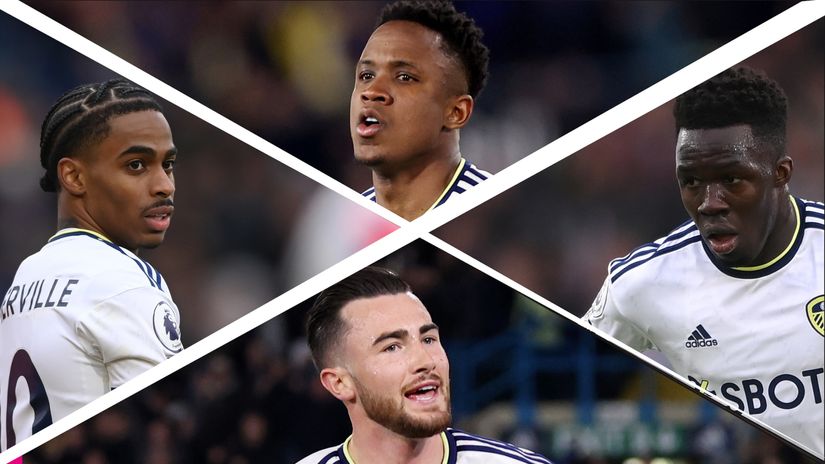 Leeds' wingers (from top, clockwise): Sinisterra, Gnonto, Harrison and Summerville (©Getty Images)